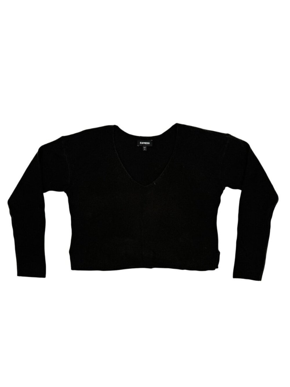 Express V-Neck Sweater Womens Large Black Excellent Cropped Relaxed Knit 90145